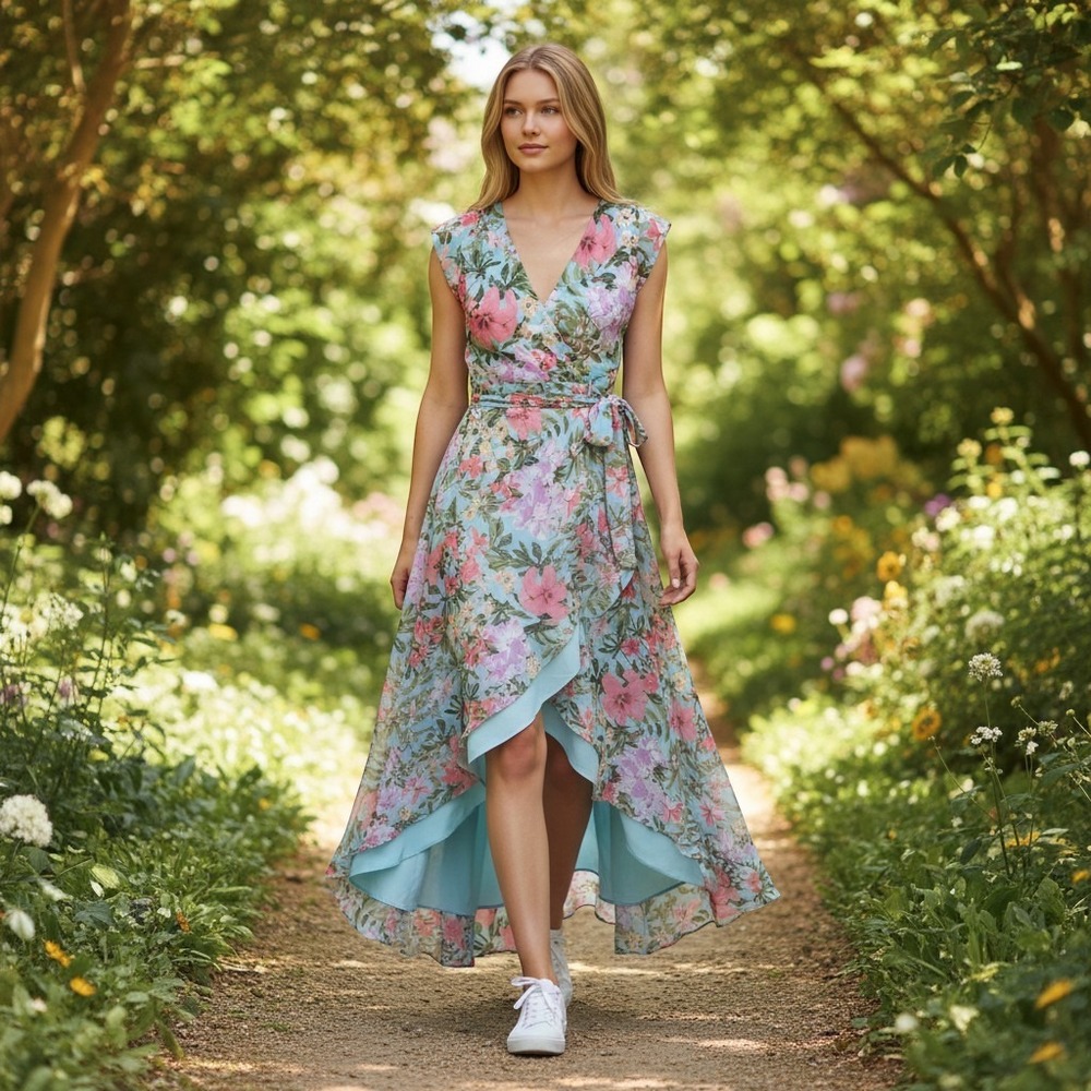 Eliza J Women Light Blue Floral Sleeveless Midi Fit and Flare Dress Size 4 NWT